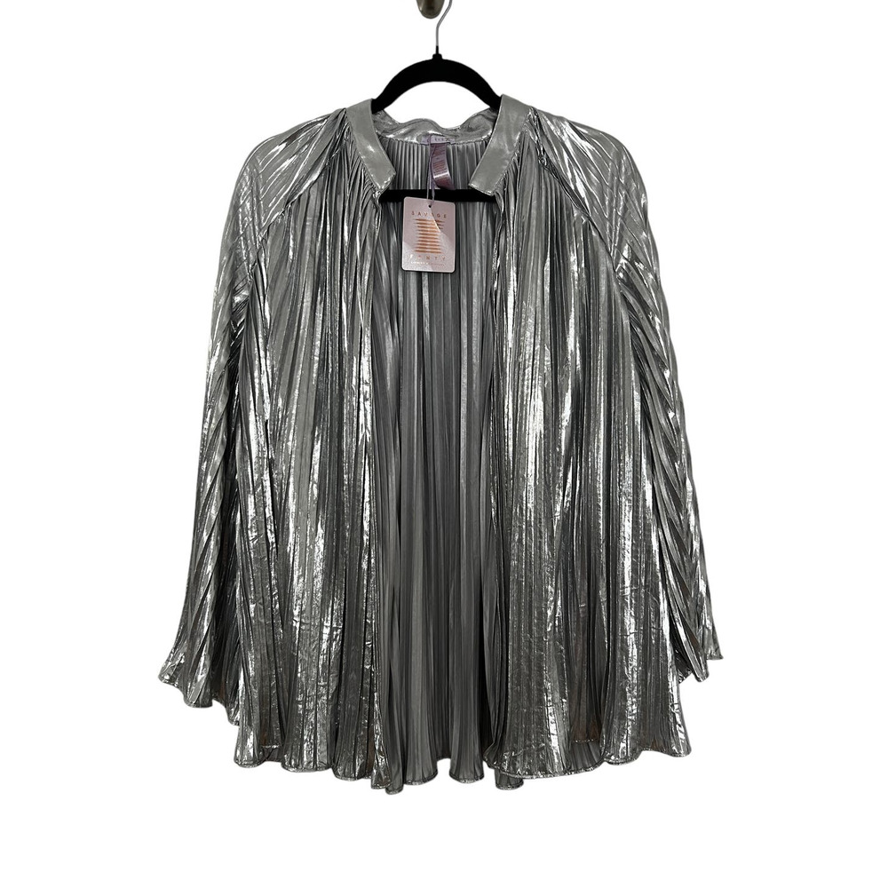 SAVAGE X FENTY Womens Pleated Lame Bed Jacket Silver Metallic Open Front M/L